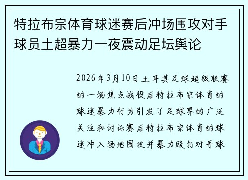 特拉布宗体育球迷赛后冲场围攻对手球员土超暴力一夜震动足坛舆论