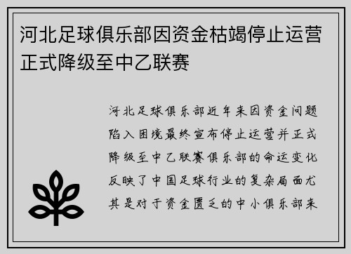 河北足球俱乐部因资金枯竭停止运营正式降级至中乙联赛 河北足球俱乐部因资金枯竭停止运营正式降级至中乙联赛